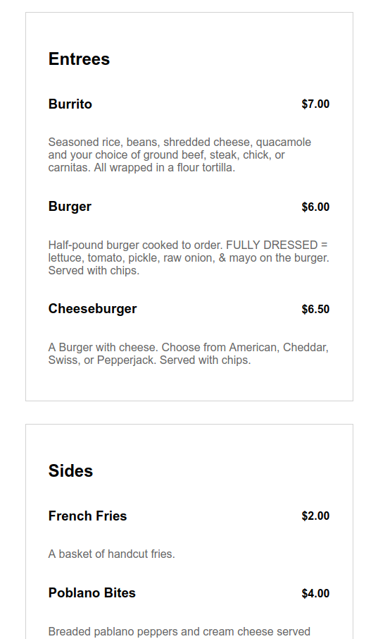 Menu items shown on page grouped by category with some styling.