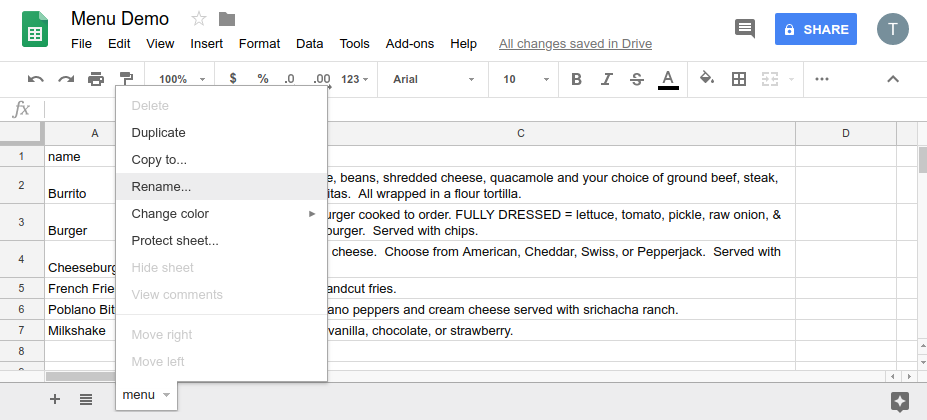Sheet with 'Sheet1' renamed to 'menu' and populated with fake menu data