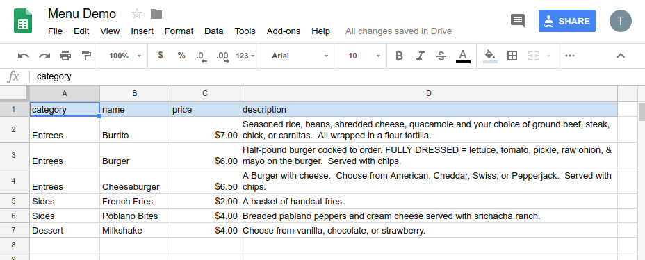 Sheet with a category column and populated with fake menu data